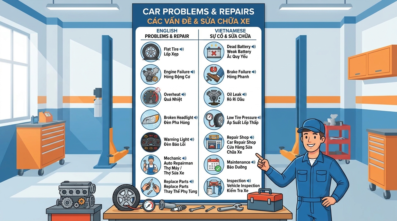 Infographic: sự cố xe và sửa chữa — car problems vocabulary