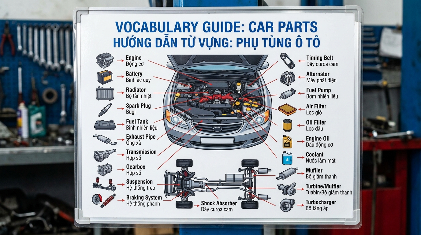 Infographic: động cơ và chi tiết cơ khí — engine and mechanical vocabulary