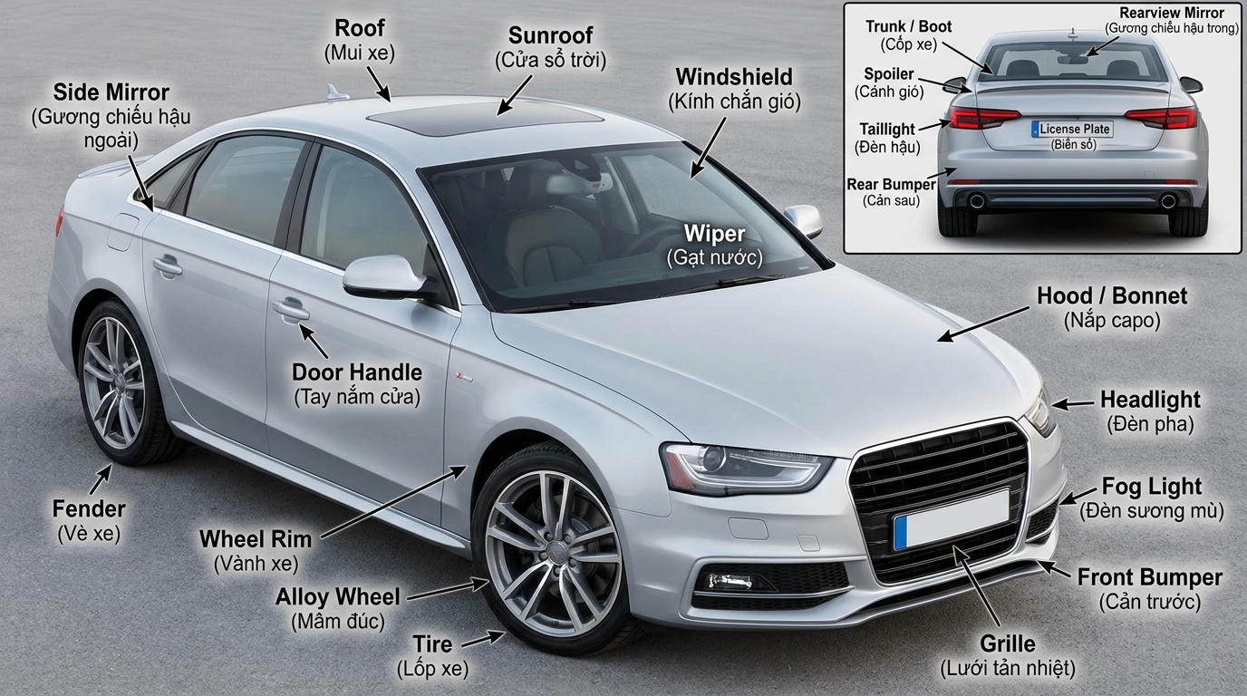 Infographic: từ vựng linh kiện ngoại thất xe (exterior car parts)