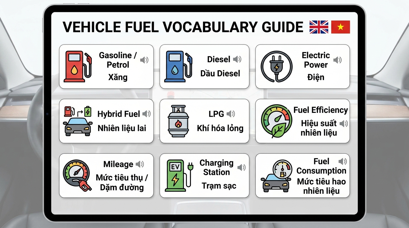 Infographic: các loại nhiên liệu xe — fuel types vocabulary