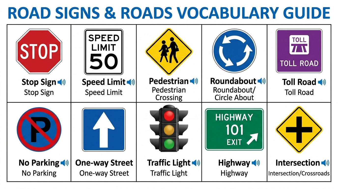 Infographic: biển báo và từ vựng đường bộ — road signs vocabulary