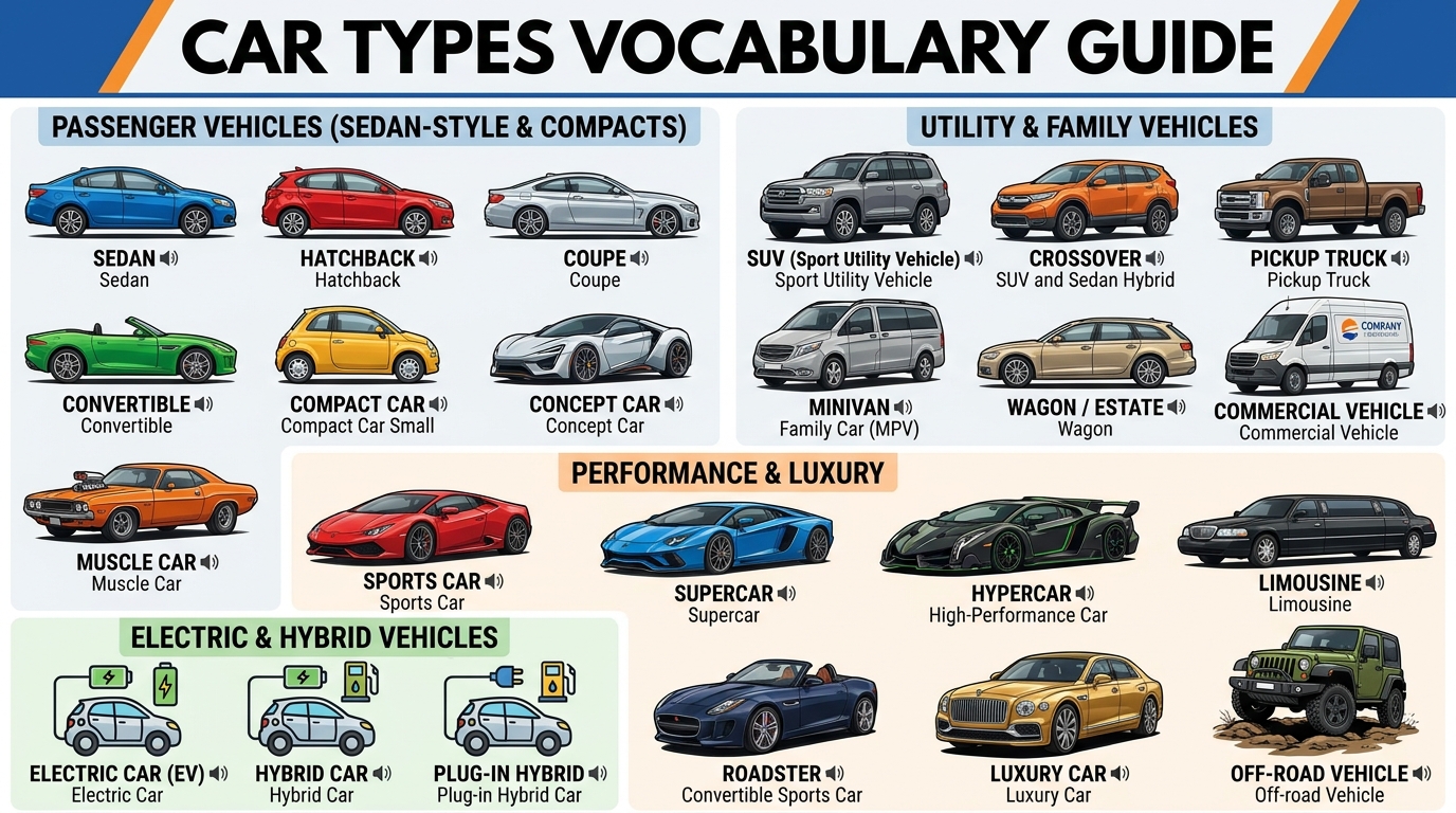 Infographic: CAR TYPES VOCABULARY GUIDE — sedan, SUV, EV, hybrid...